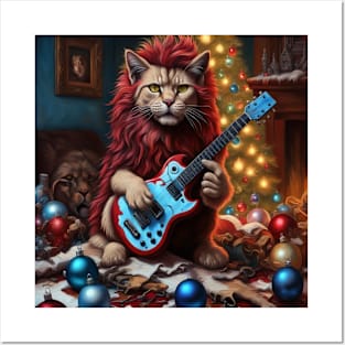 nightmare Christmas cat playing guitar Posters and Art